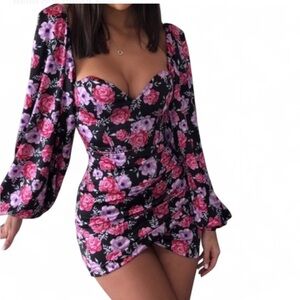 OH POLLY Black&Pink Floral Mini Dress W/Rushed Skirt Long Sleeve Back Zipper 6
